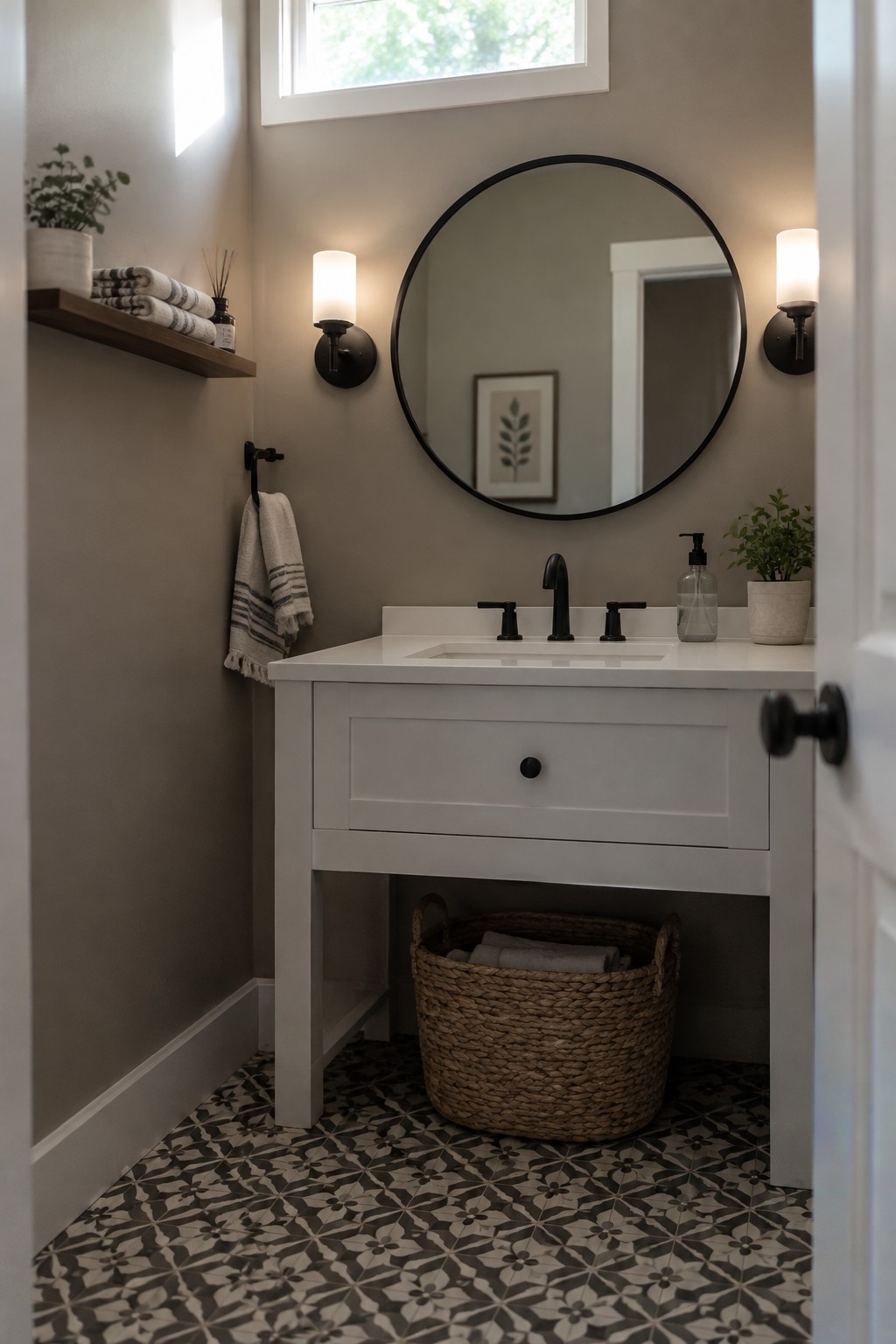 Modern bathroom with white vanity, round mirror, wall sconces, and patterned tile floor.