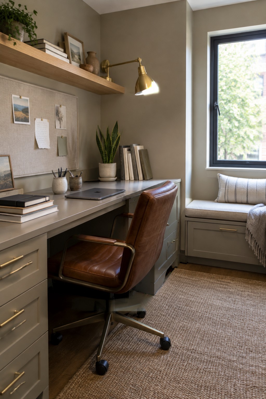 Warm taupe walls in a small home office with a wood floating shelf and leather chair.