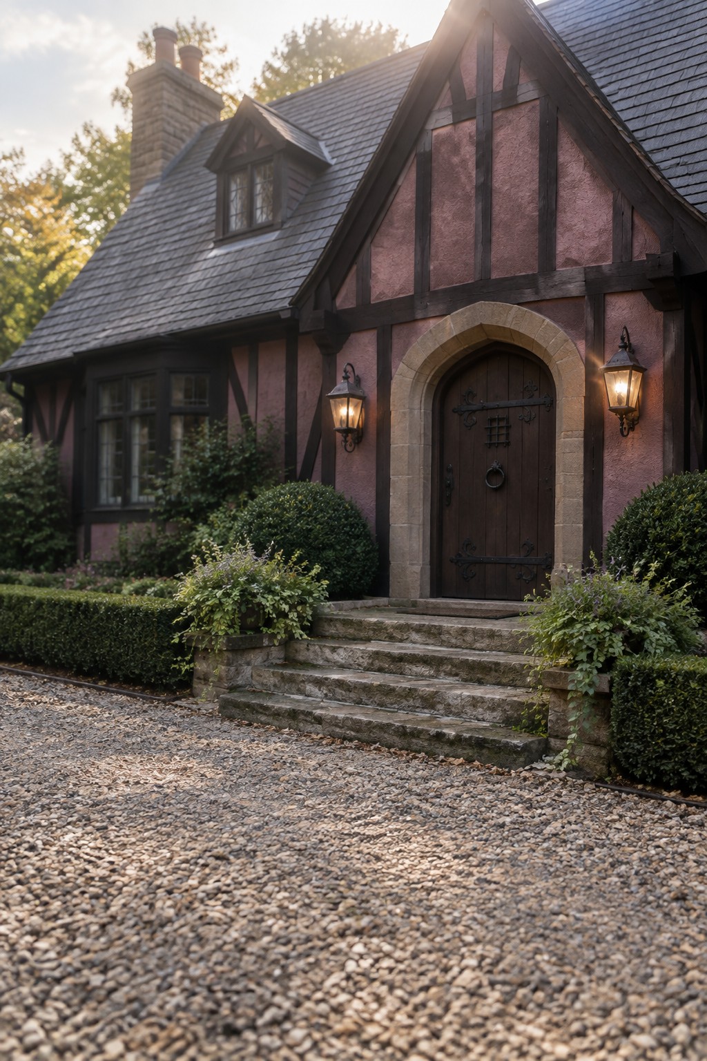 Pink Tudor house with dark timber beams, arched wooden door, stone steps, and lanterns.