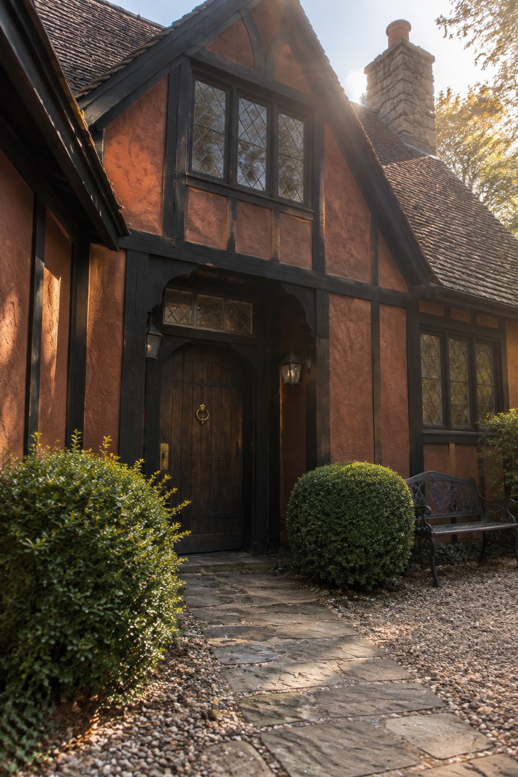 Warm terracotta stucco siding on a Tudor home with dark trim.