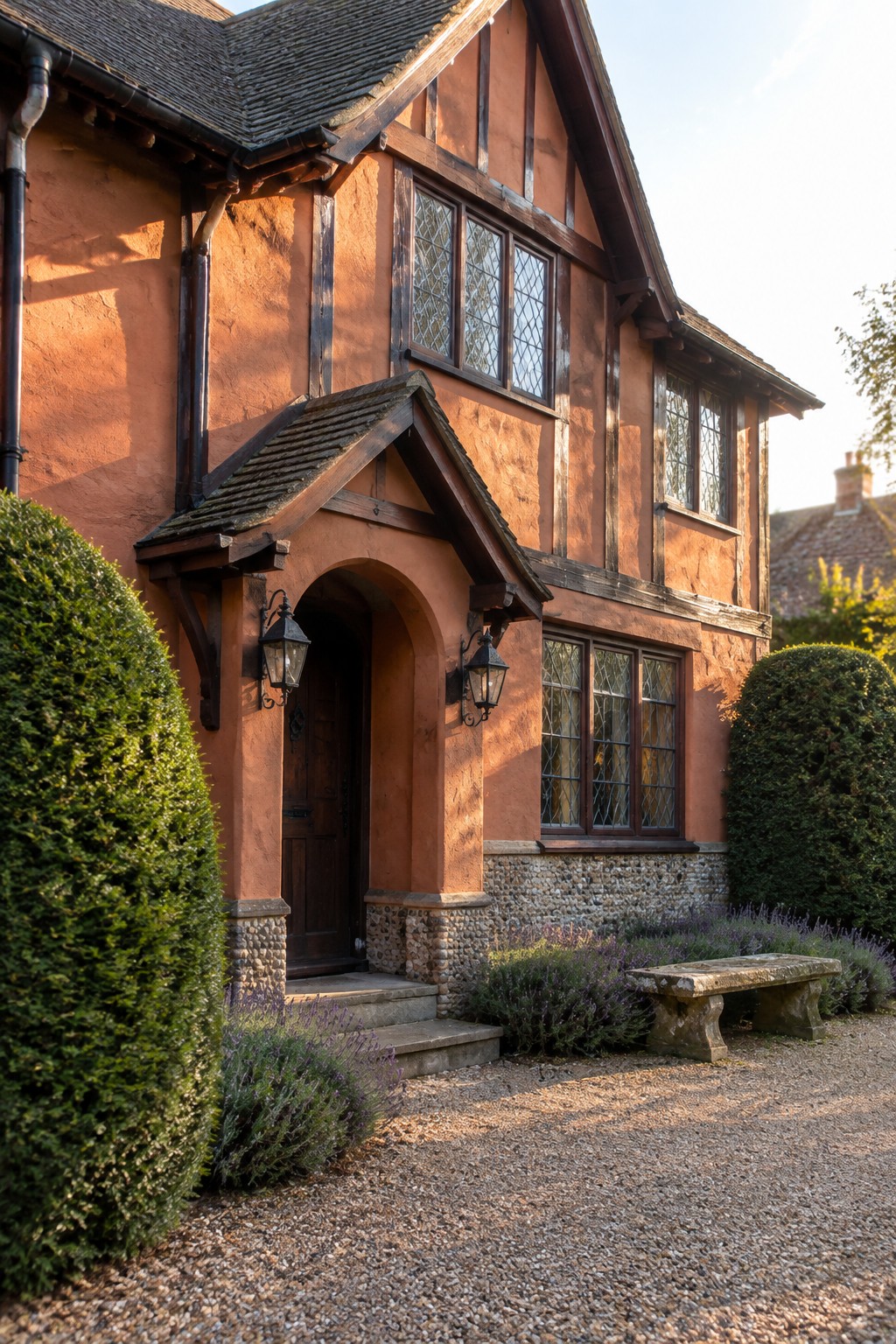Tudor house exterior with warm terracotta stucco walls and dark wood trim.