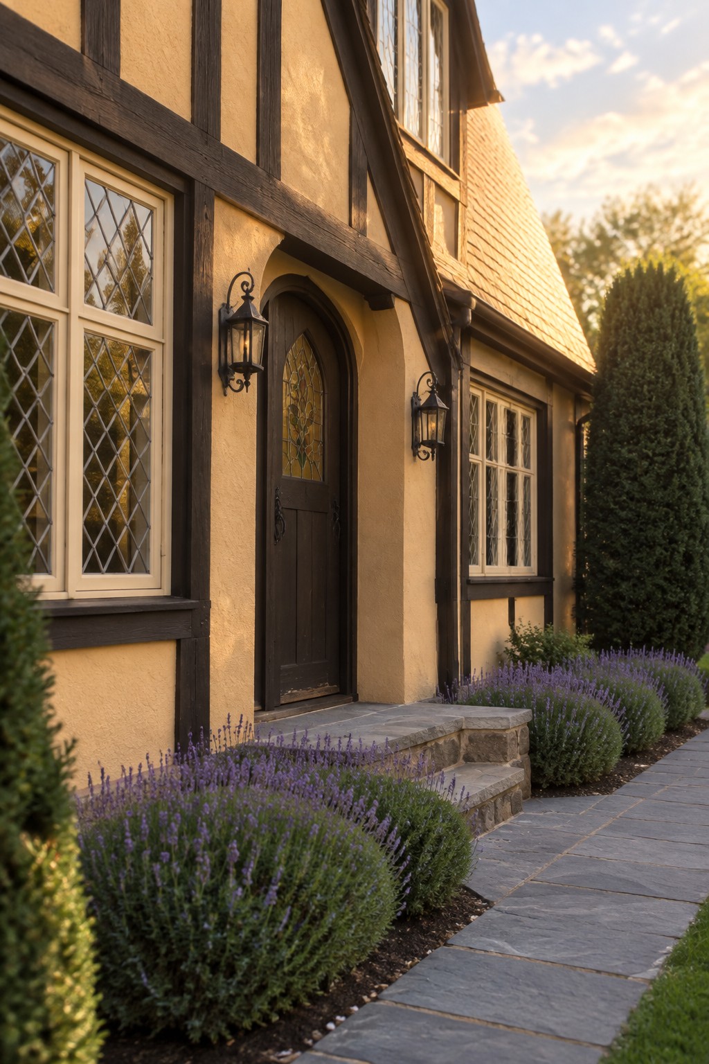 Tudor home exterior showing warm beige stucco walls with dark wood trim and stone steps.