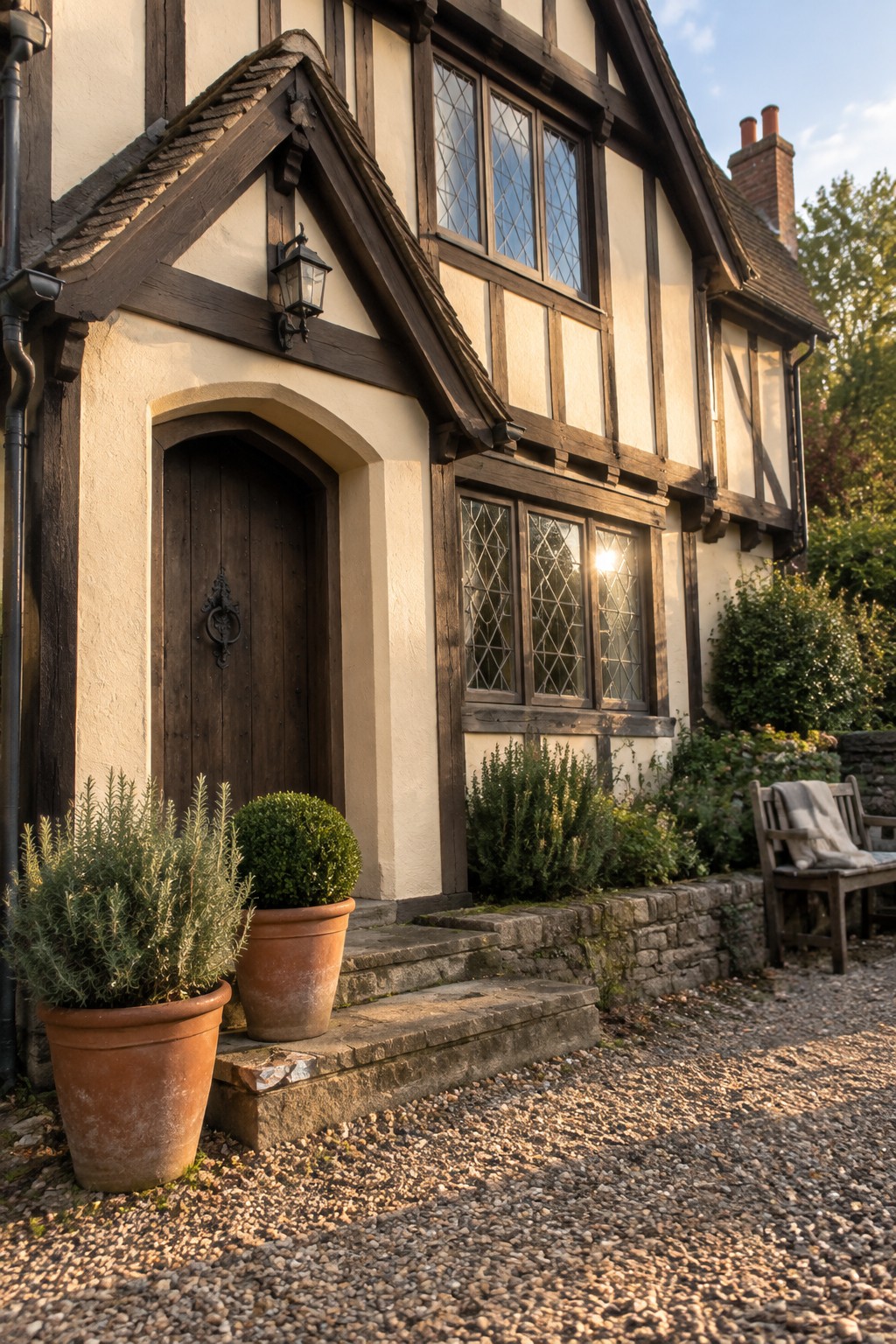 Tudor home exterior showing warm cream stucco walls with dark wood half-timbering and an arched entry.