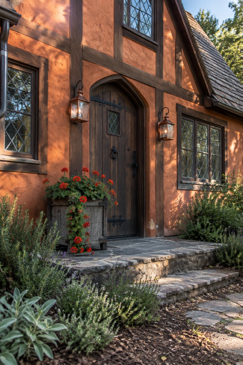 Tudor home exterior with warm terracotta stucco siding and dark wood trim.