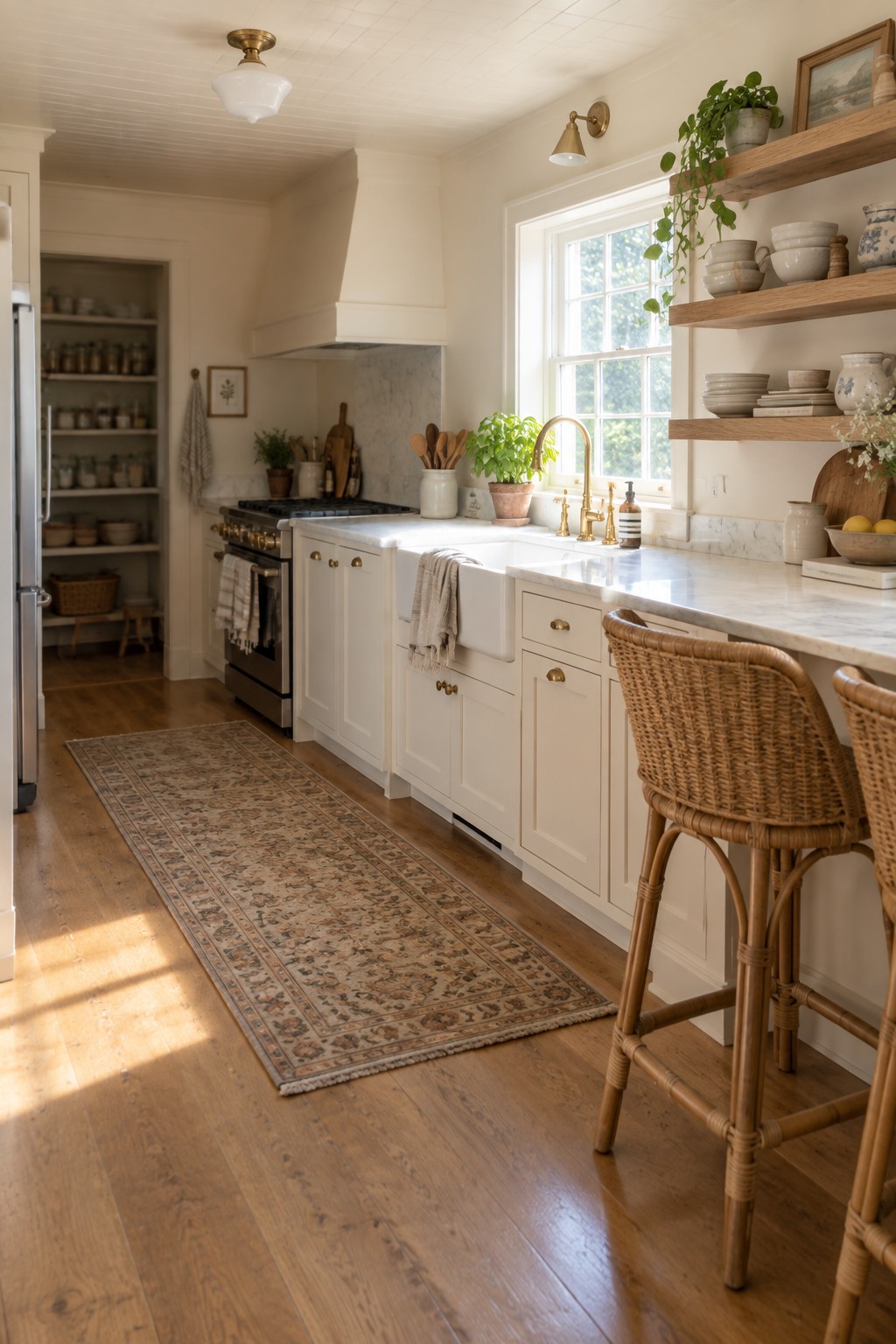 Cozy white kitchen with marble counters, brass fixtures, wicker stools, and open shelves.
