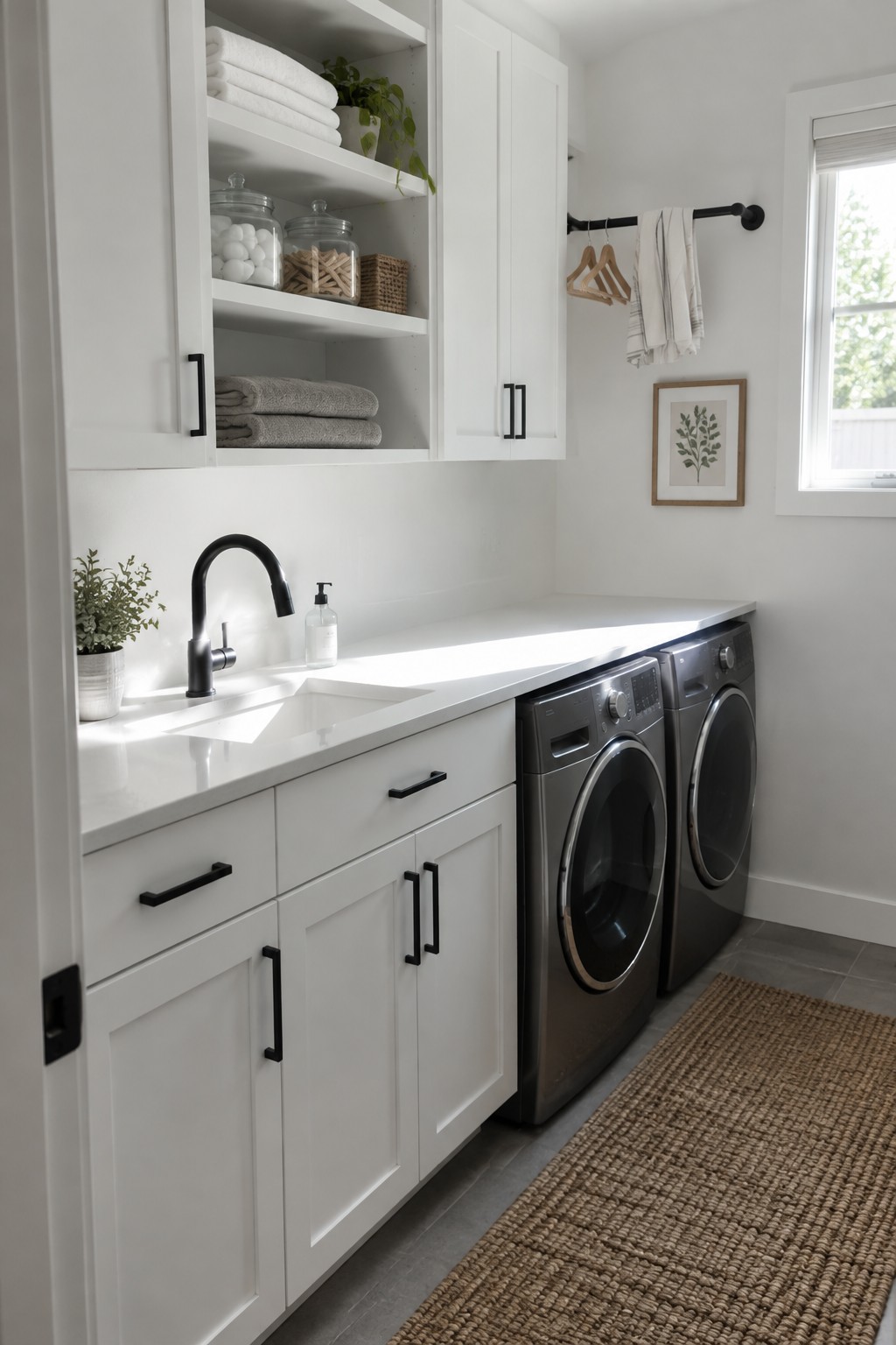 White cabinets, walls, and countertop in a laundry room with washer and dryer.