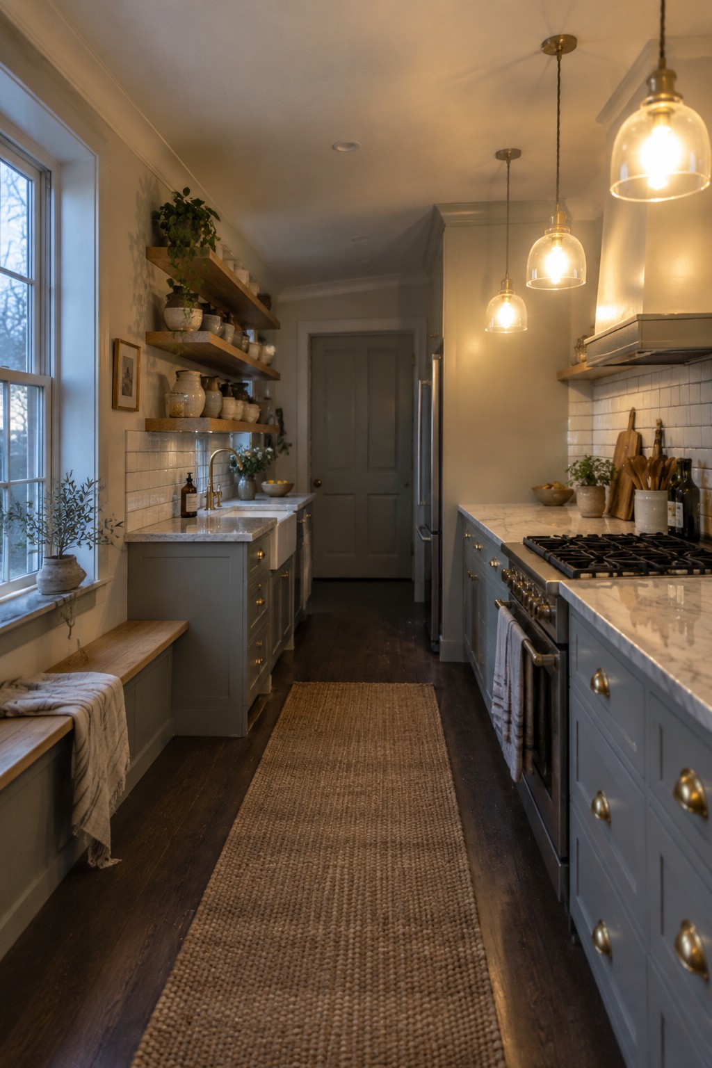 Narrow kitchen with gray cabinets, marble counters, pendant lights, and woven runner rug.