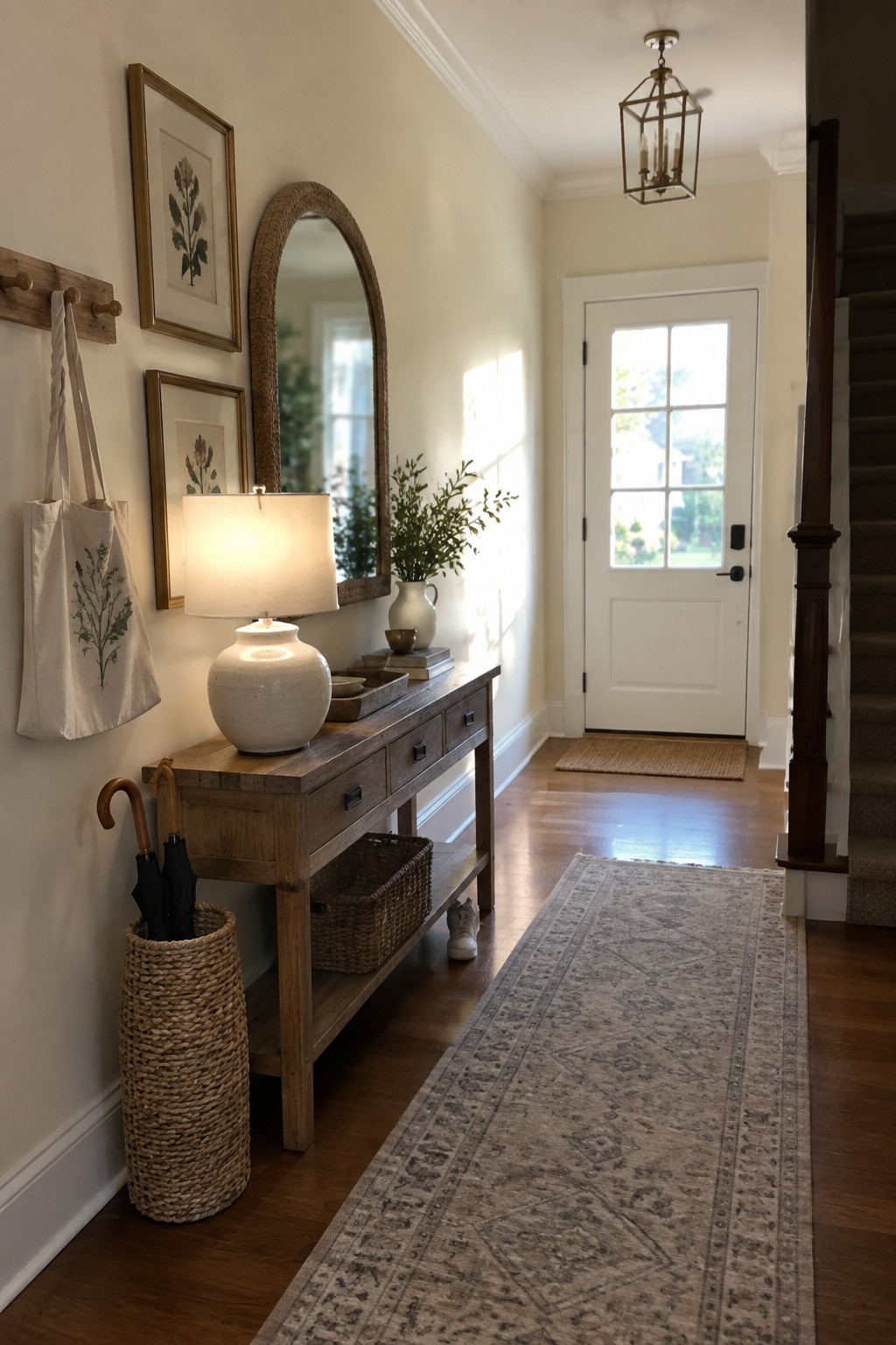 Rustic entryway with wooden console table, arched mirror, lamp, and patterned runner rug.
