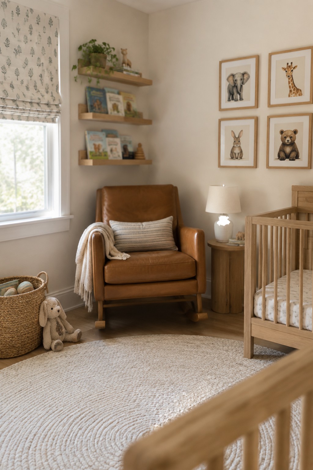 Warm white walls in a nursery with light wood furniture and a leather chair.