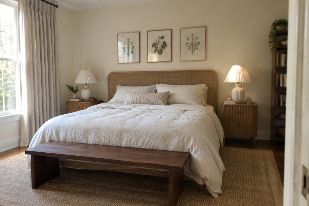 Cozy bedroom with white linen bed, cane headboard, botanical prints, and wooden bench