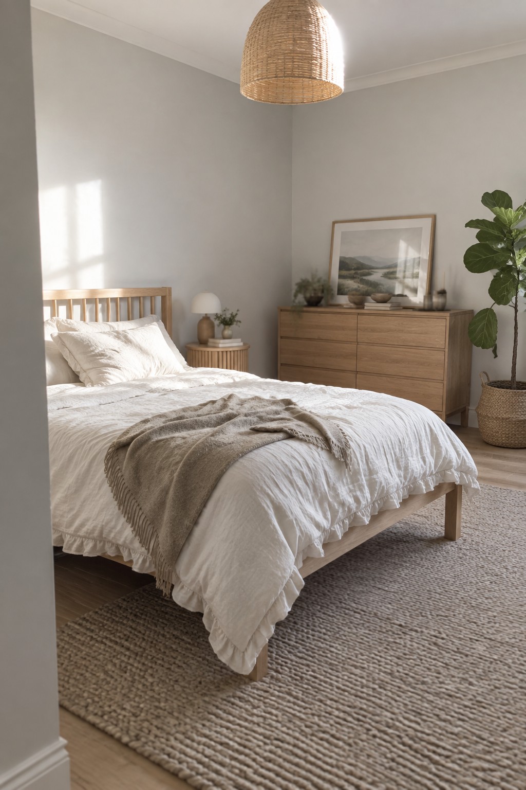 Serene bedroom with light wood bed, white ruffled linens, beige throw, and woven rug.