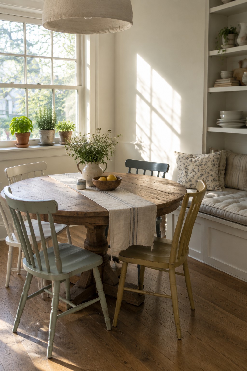 Bright white walls in a dining area with a rustic wooden table and mixed painted chairs.