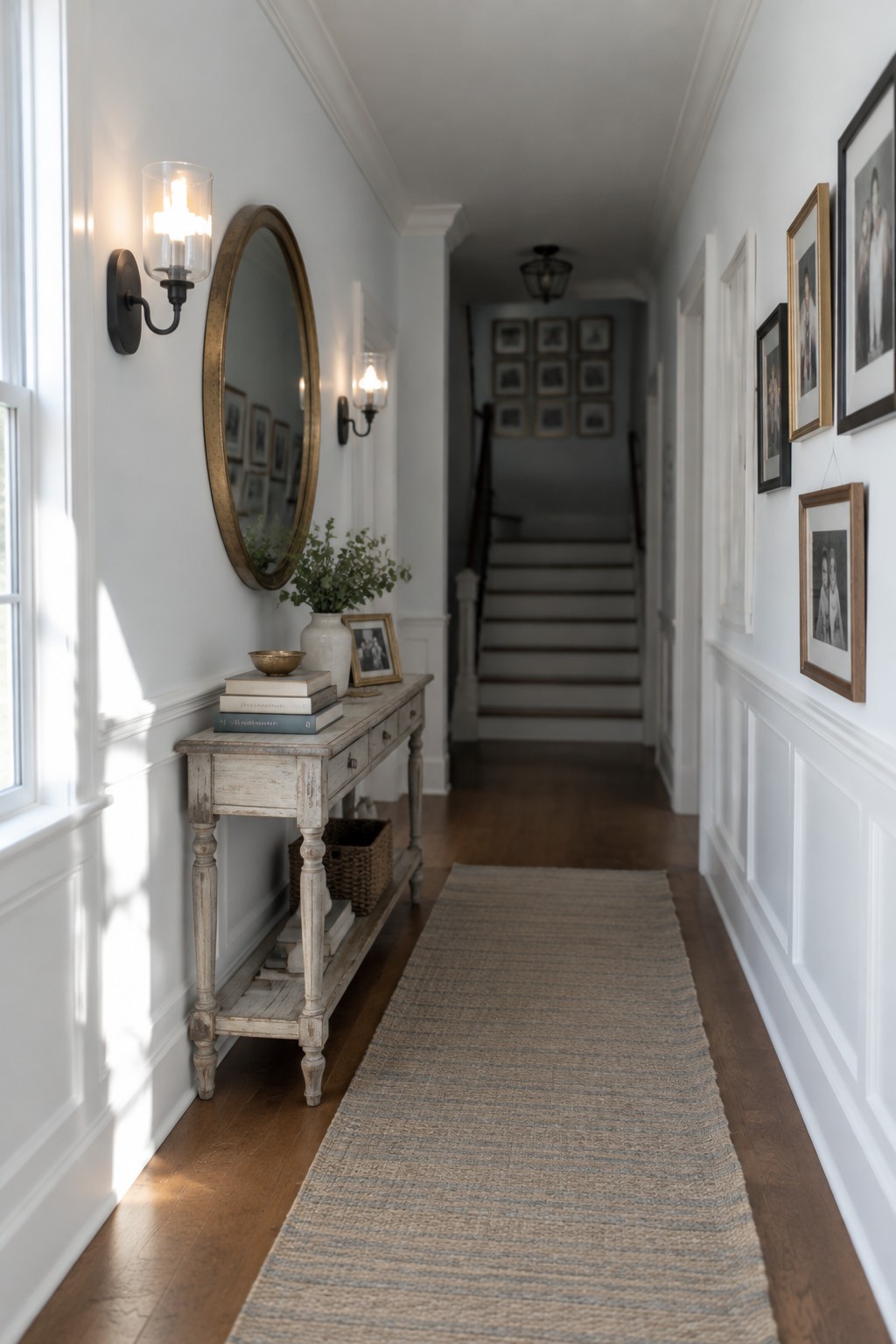 Narrow hallway with bright white walls, wainscoting, and wood floors.