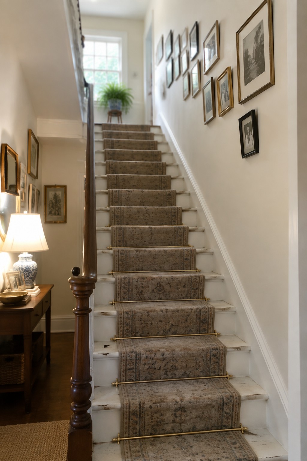 Traditional staircase with patterned carpet runner, brass rods, wooden banister, and gallery wall.