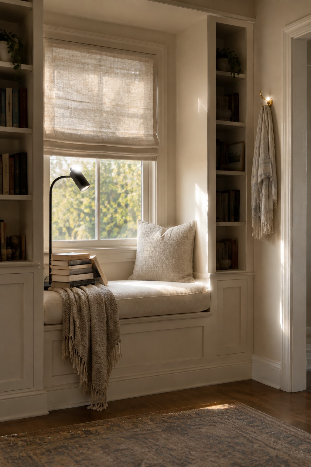 Built-in window seat and bookshelves painted in a soft warm white.