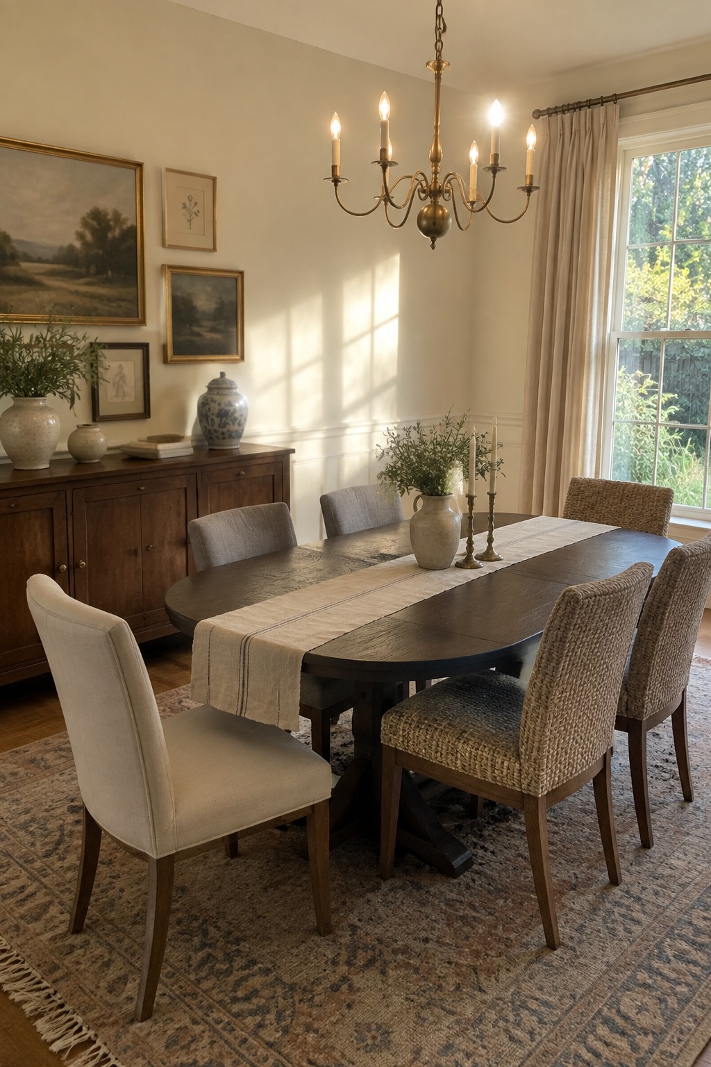 Elegant dining room with dark wood table, mixed chairs, lit chandelier, and sunlit window.