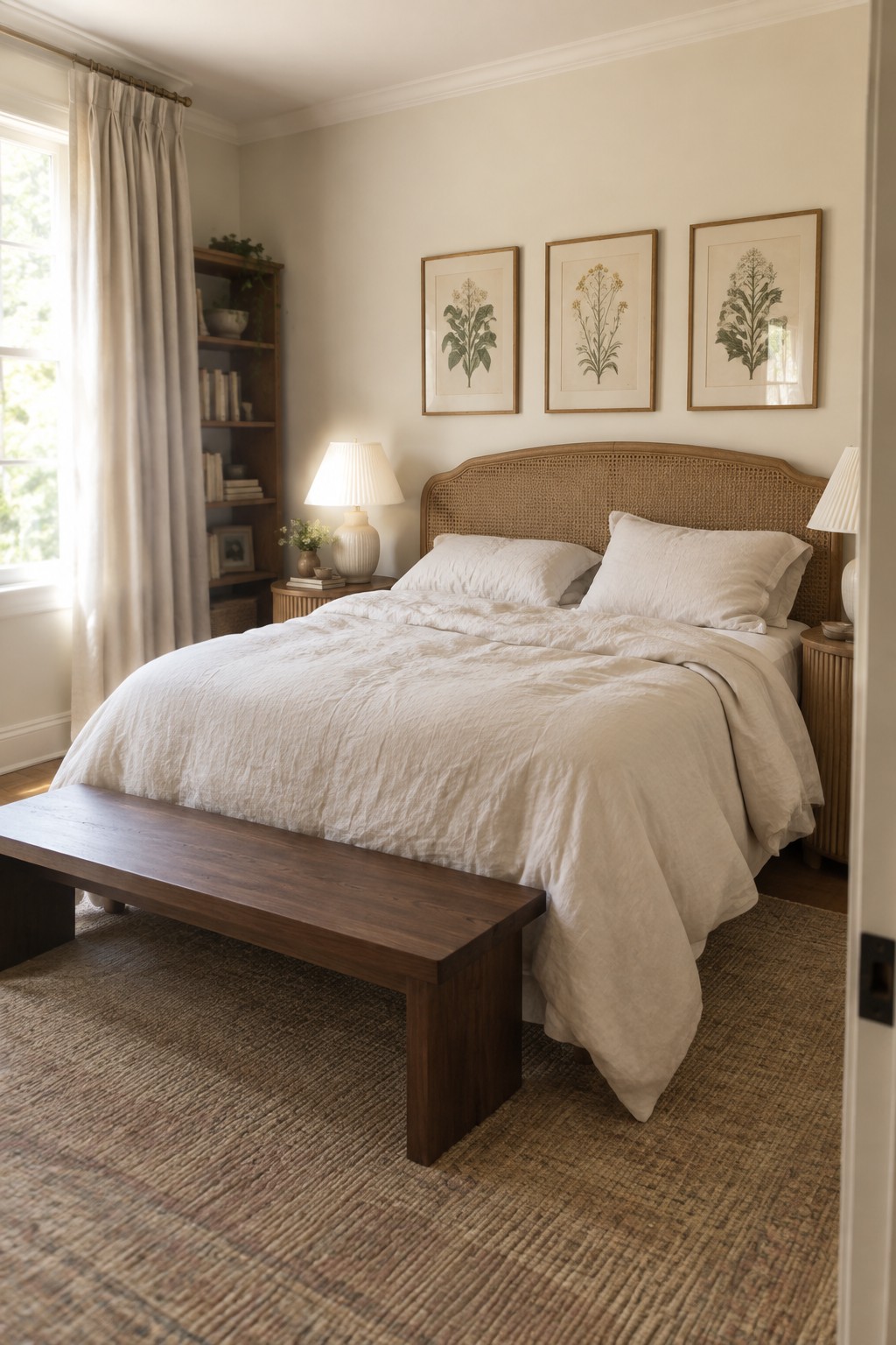 Cozy bedroom with white linen bed, cane headboard, botanical prints, and wooden bench