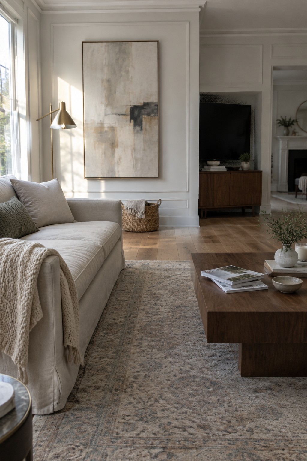 Neutral living room with beige sofa, abstract painting, wooden coffee table, and patterned rug.