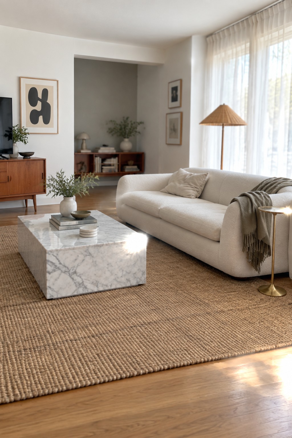 Warm white walls in a living room with wood furniture and a marble coffee table.
