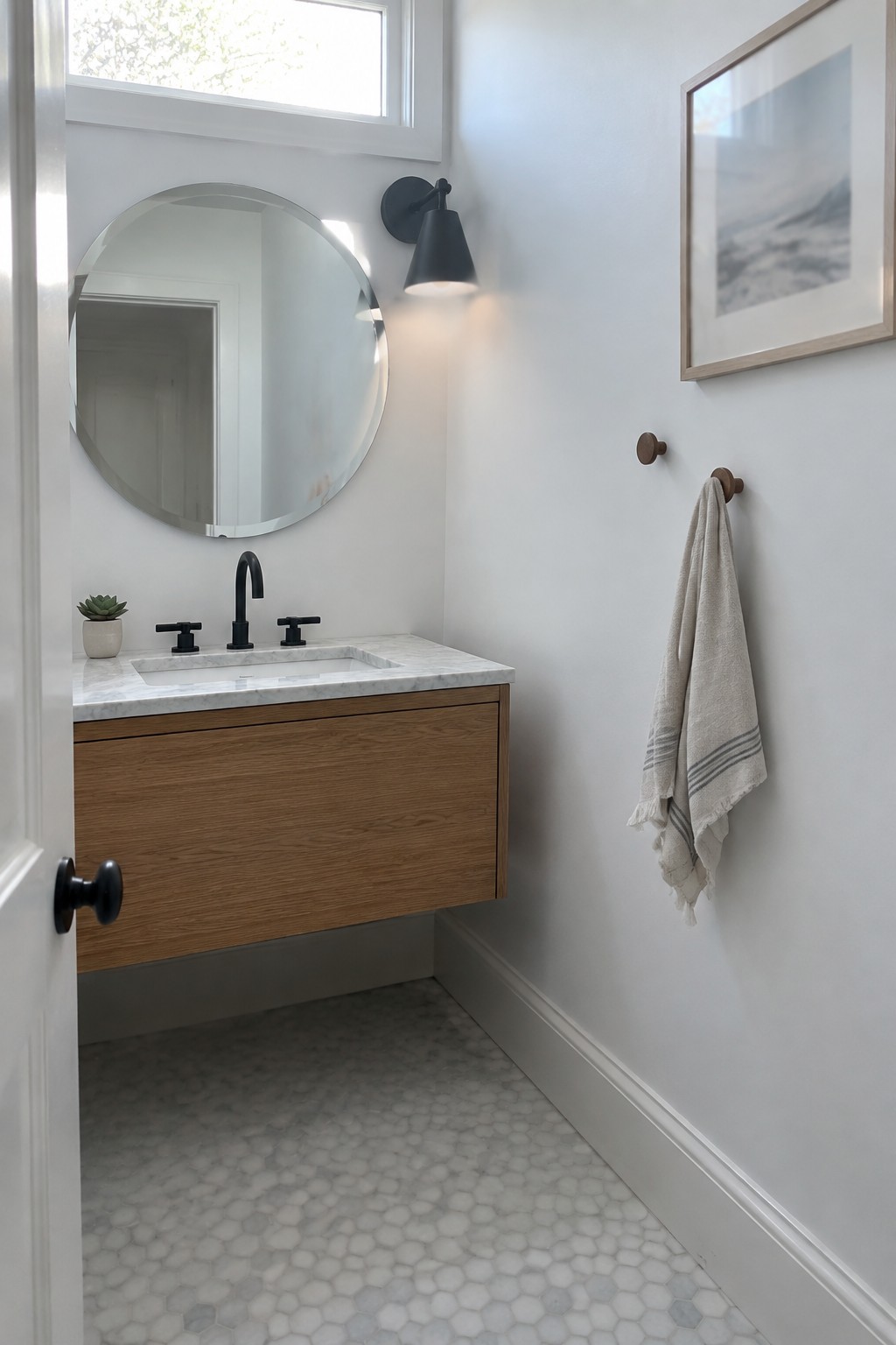 Modern bathroom with floating oak vanity, round mirror, and marble hex floor.