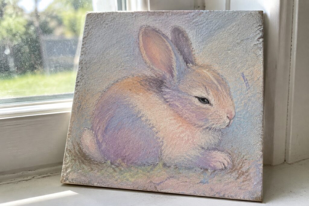 Pastel drawing of rabbit on canvas with chalks on sunny windowsill