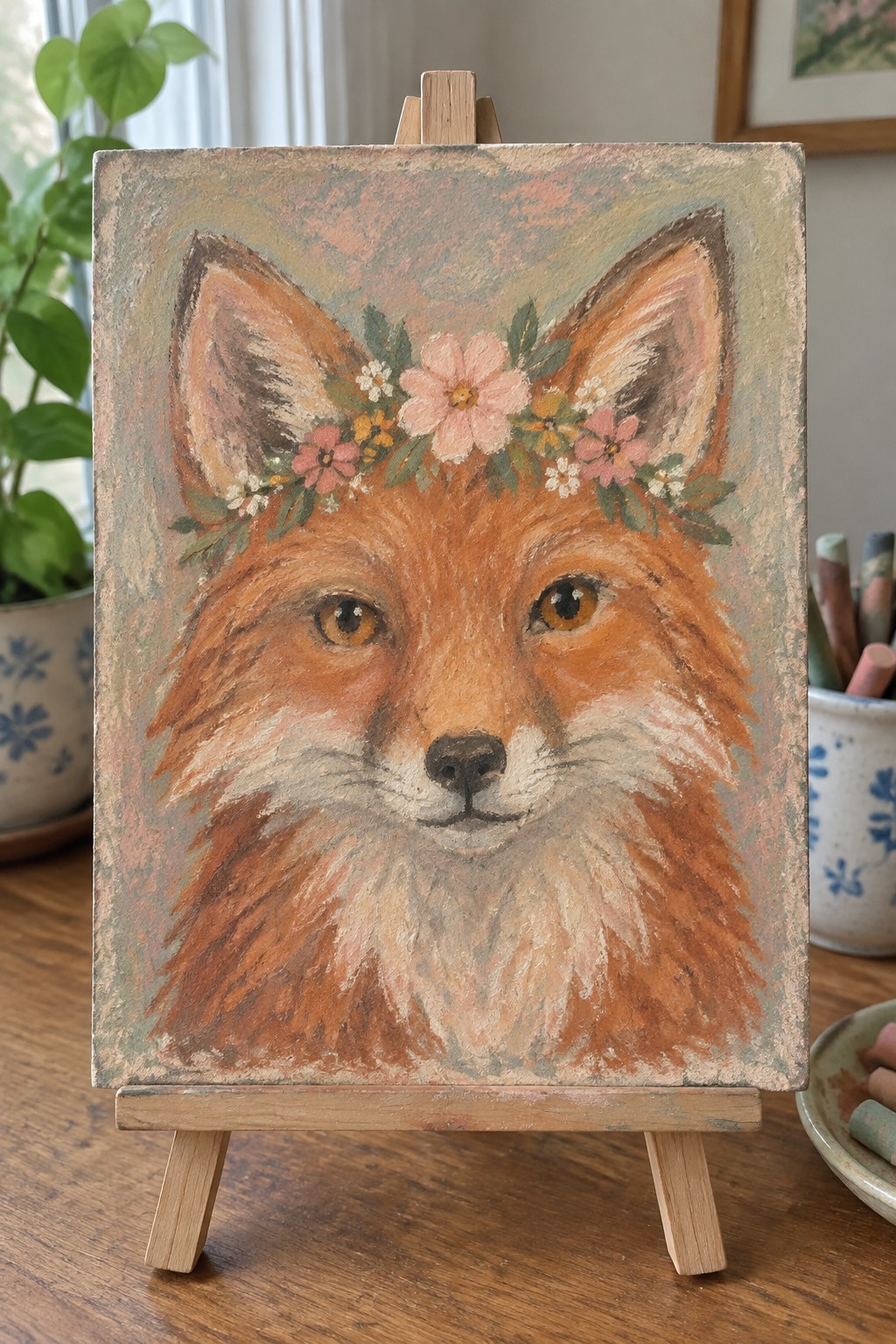Pastel fox portrait with floral crown on small wooden easel
