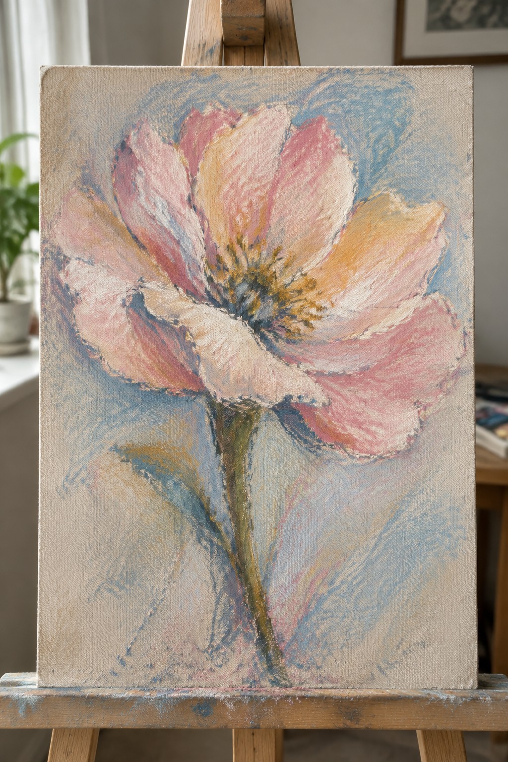 Expressive painting of large pink and yellow flower on wooden easel