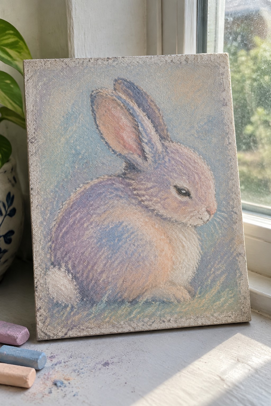 Pastel drawing of rabbit on canvas with chalks on sunny windowsill