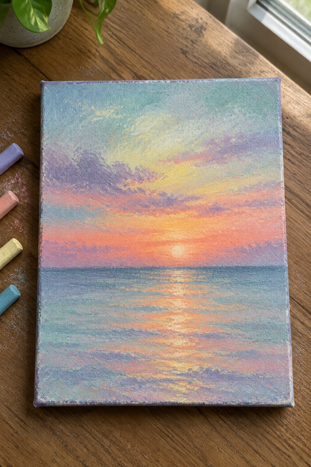 Vibrant sunset seascape painting on canvas with pastel chalks on wooden table