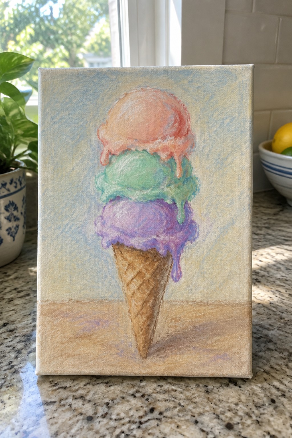 Melting triple-scoop ice cream cone painting with orange, green, and purple scoops.