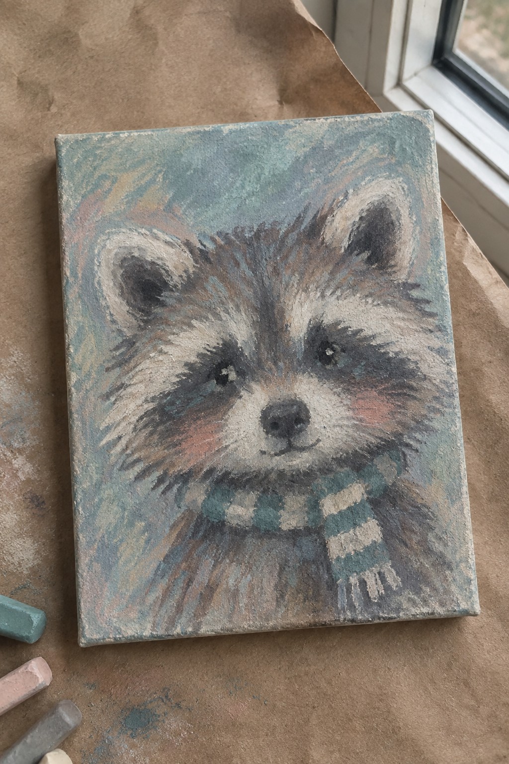 A small canvas shows a raccoon face wearing a blue and white striped scarf painted in soft pastels with blended background colors.