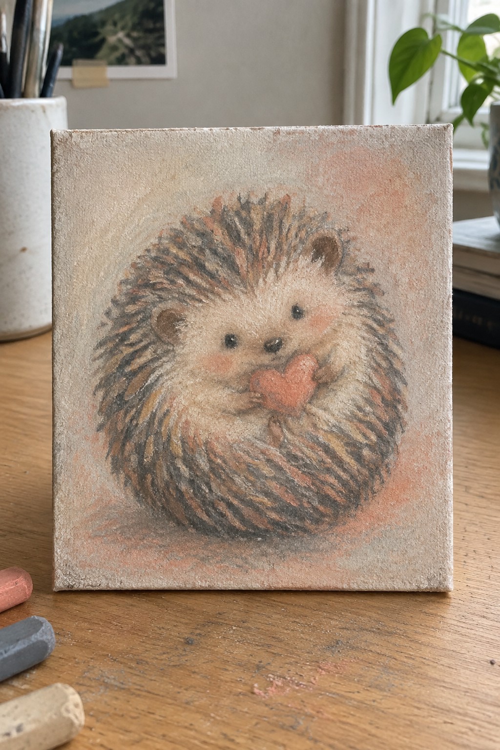 Pastel hedgehog clutching pink heart on textured square canvas with art supplies nearby