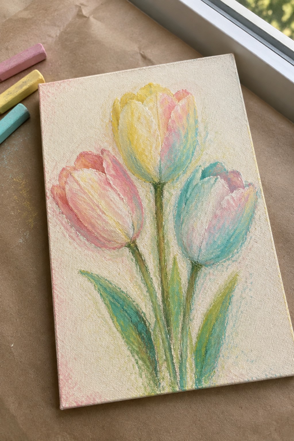 Pastel drawing of three colorful tulips on canvas beside chalk sticks on brown paper.