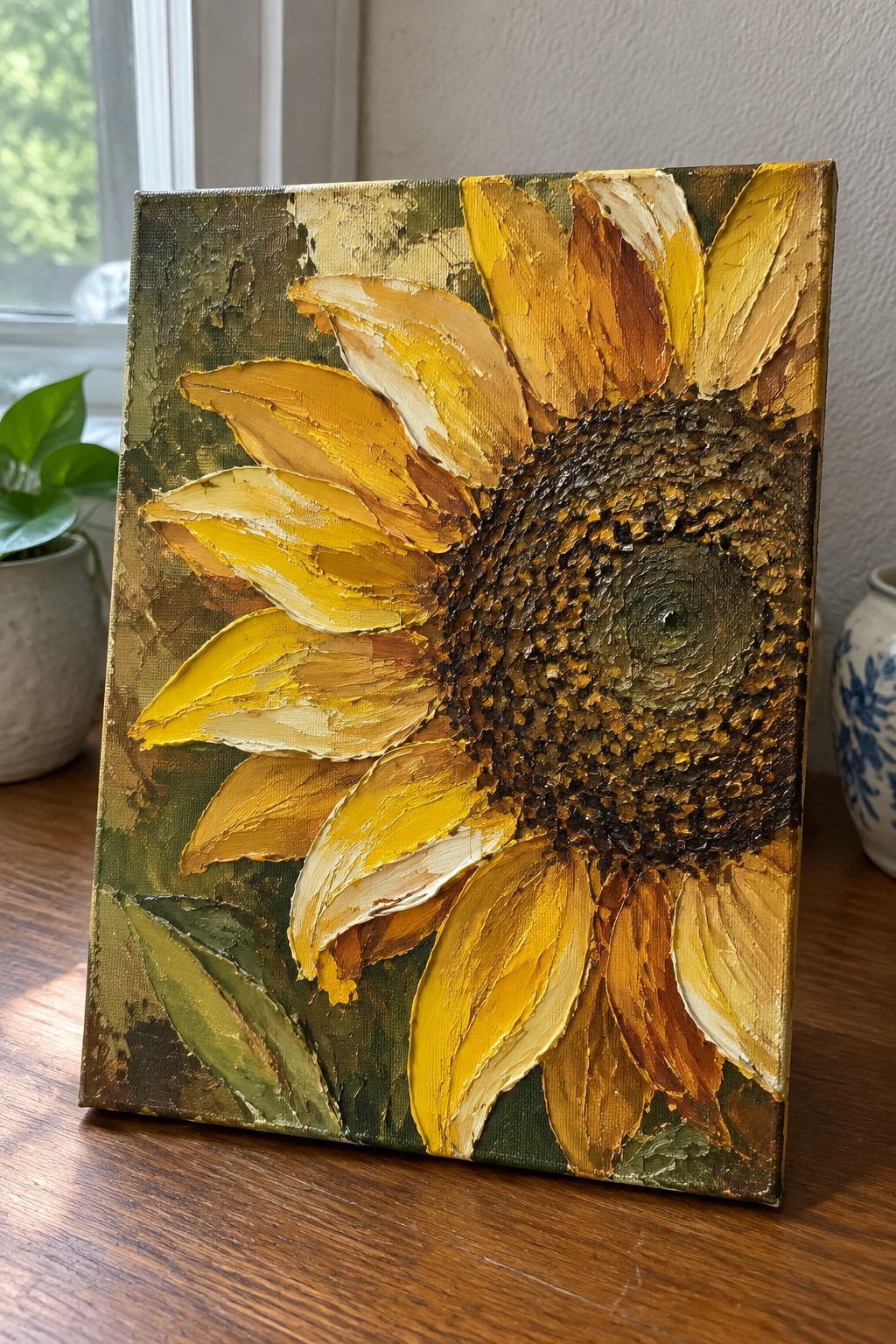 Impasto sunflower painting with thick yellow petals on wooden table near window