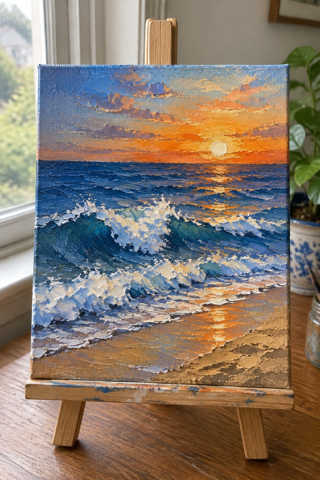 Thickly textured oil painting of crashing waves at vibrant ocean sunset on easel.