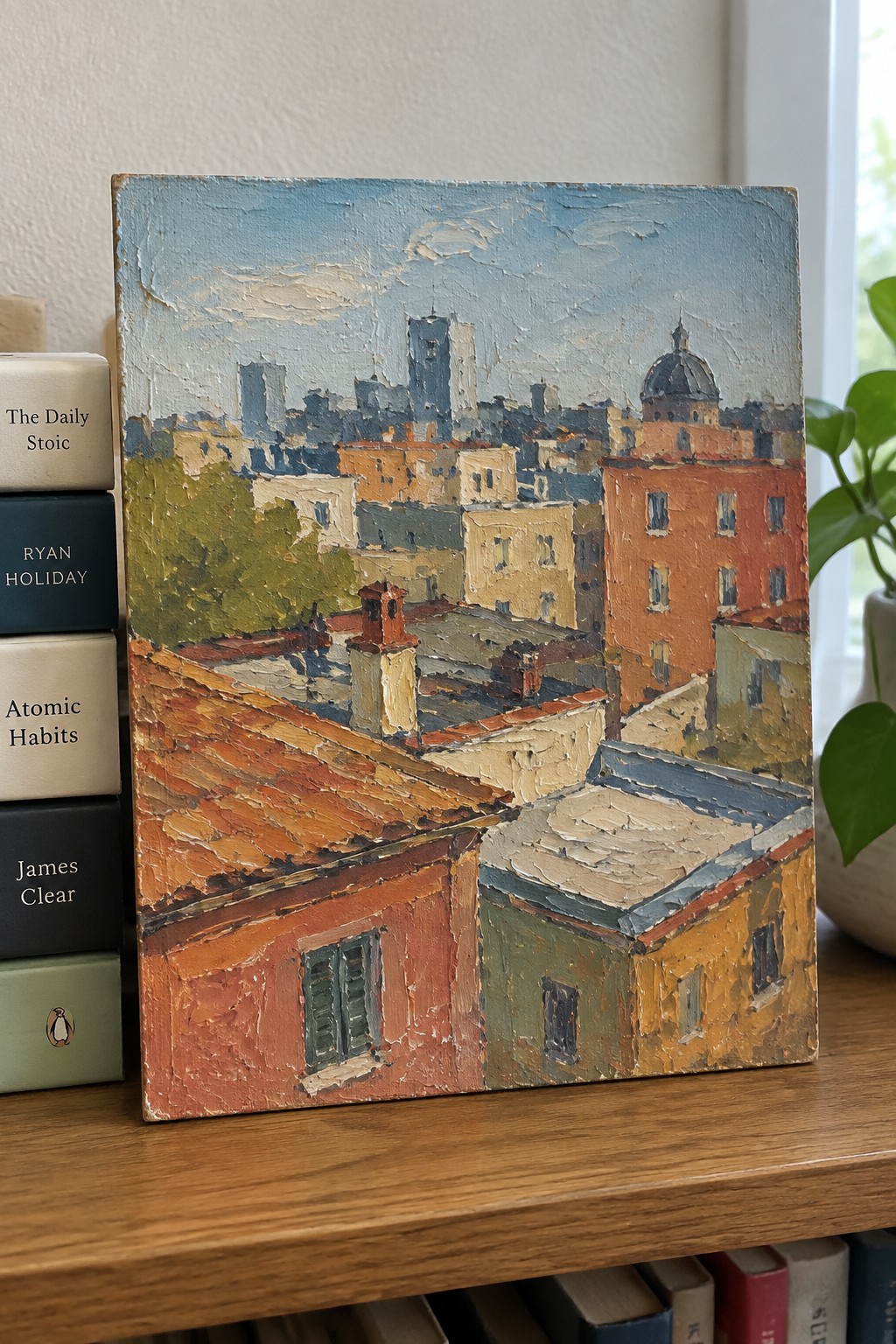 Impasto cityscape painting with colorful rooftops beside books on wooden shelf.