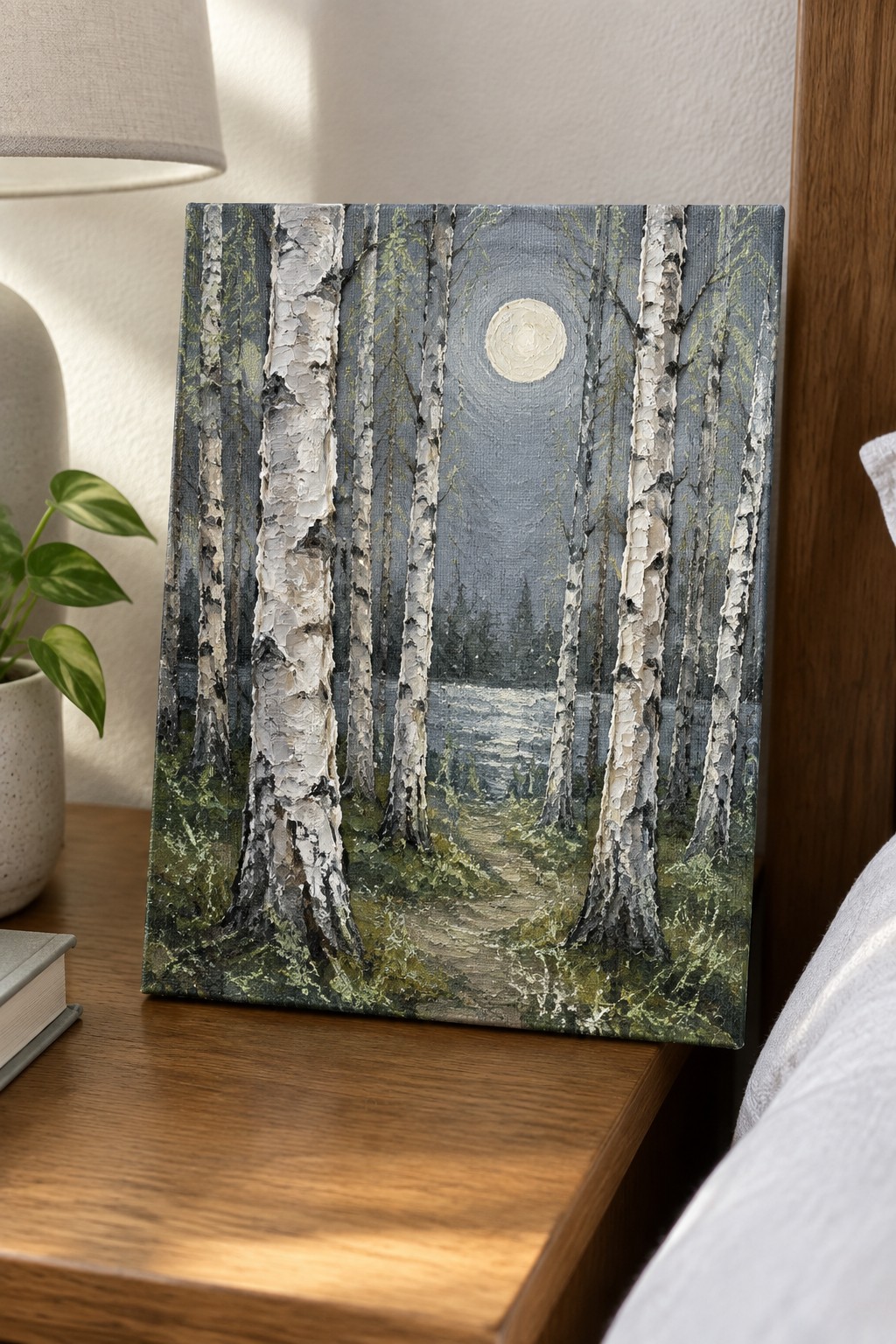 Textured painting of birch trees with thick white bark, a full moon, and a path leading to water on a wooden nightstand.