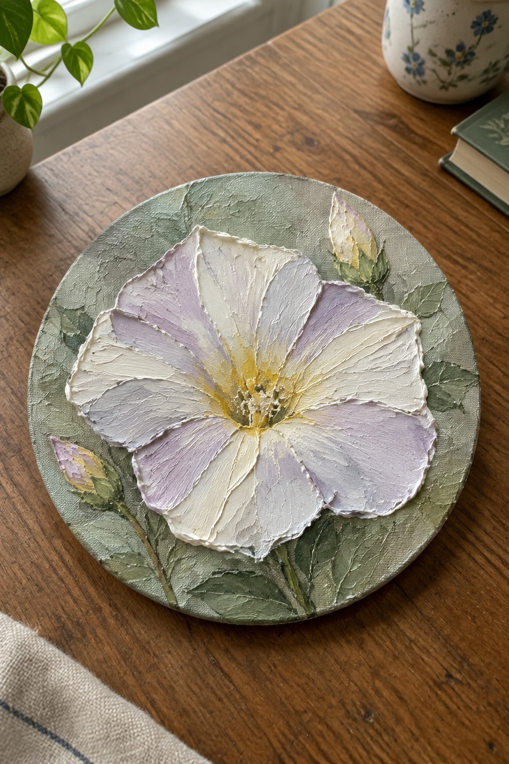 Thickly textured round painting of white and lavender flower on wooden table