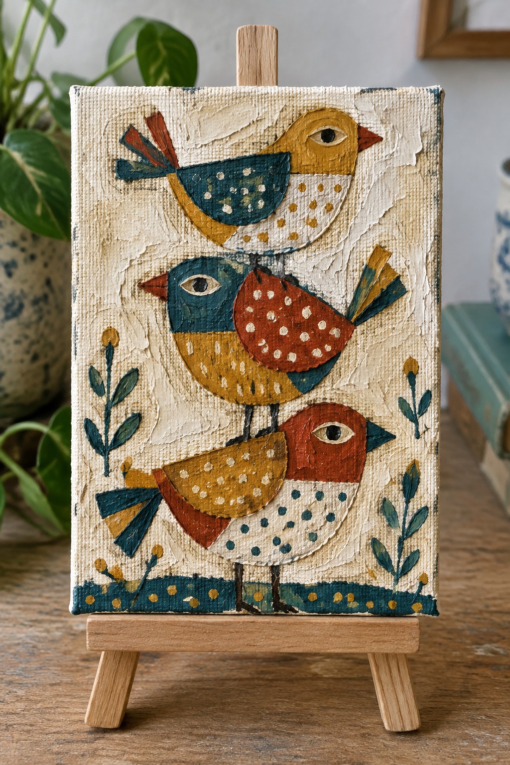 Three stacked colorful birds in textured folk art on a wooden easel.