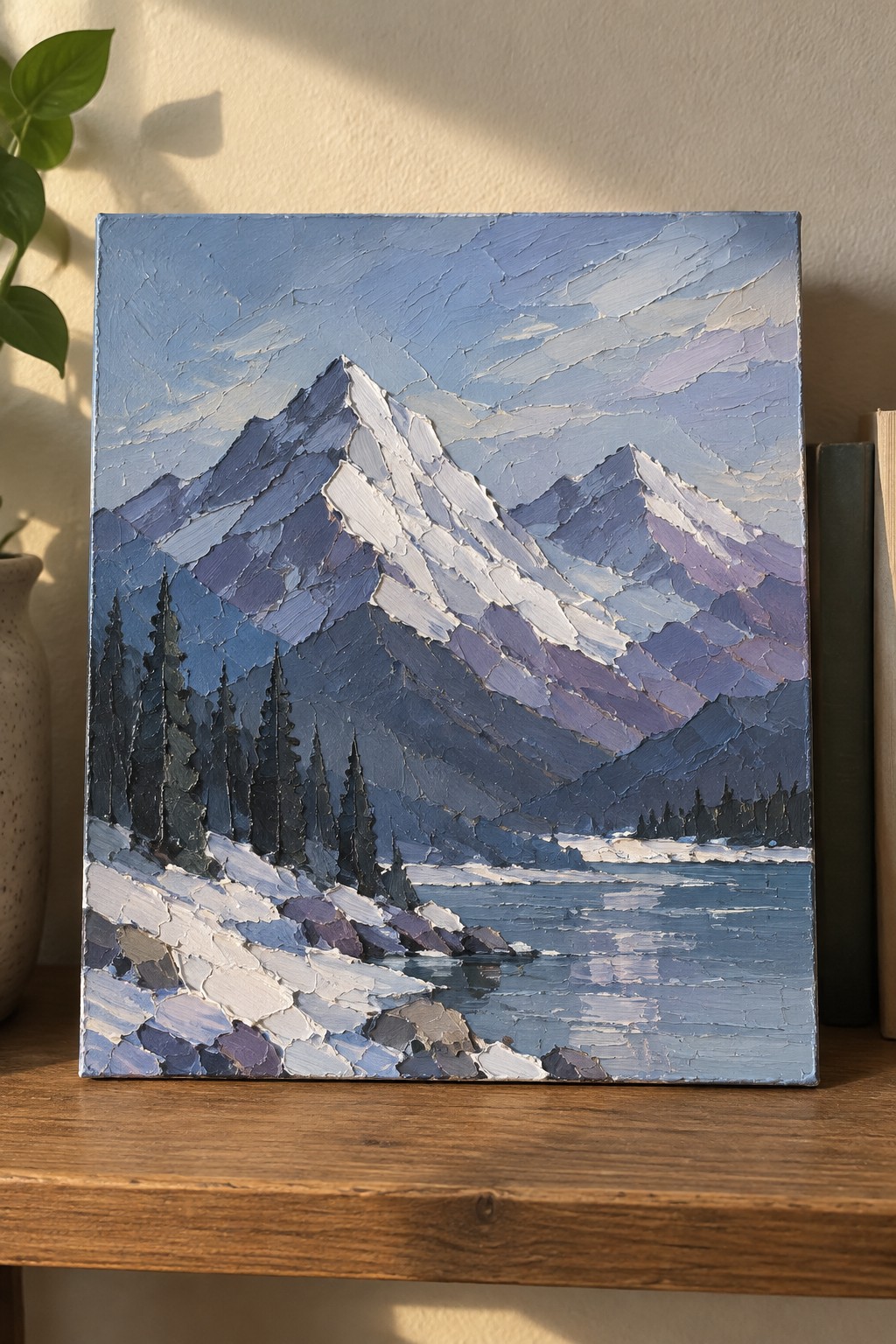Thick impasto painting of snow-capped mountains reflected in a blue alpine lake with pines.