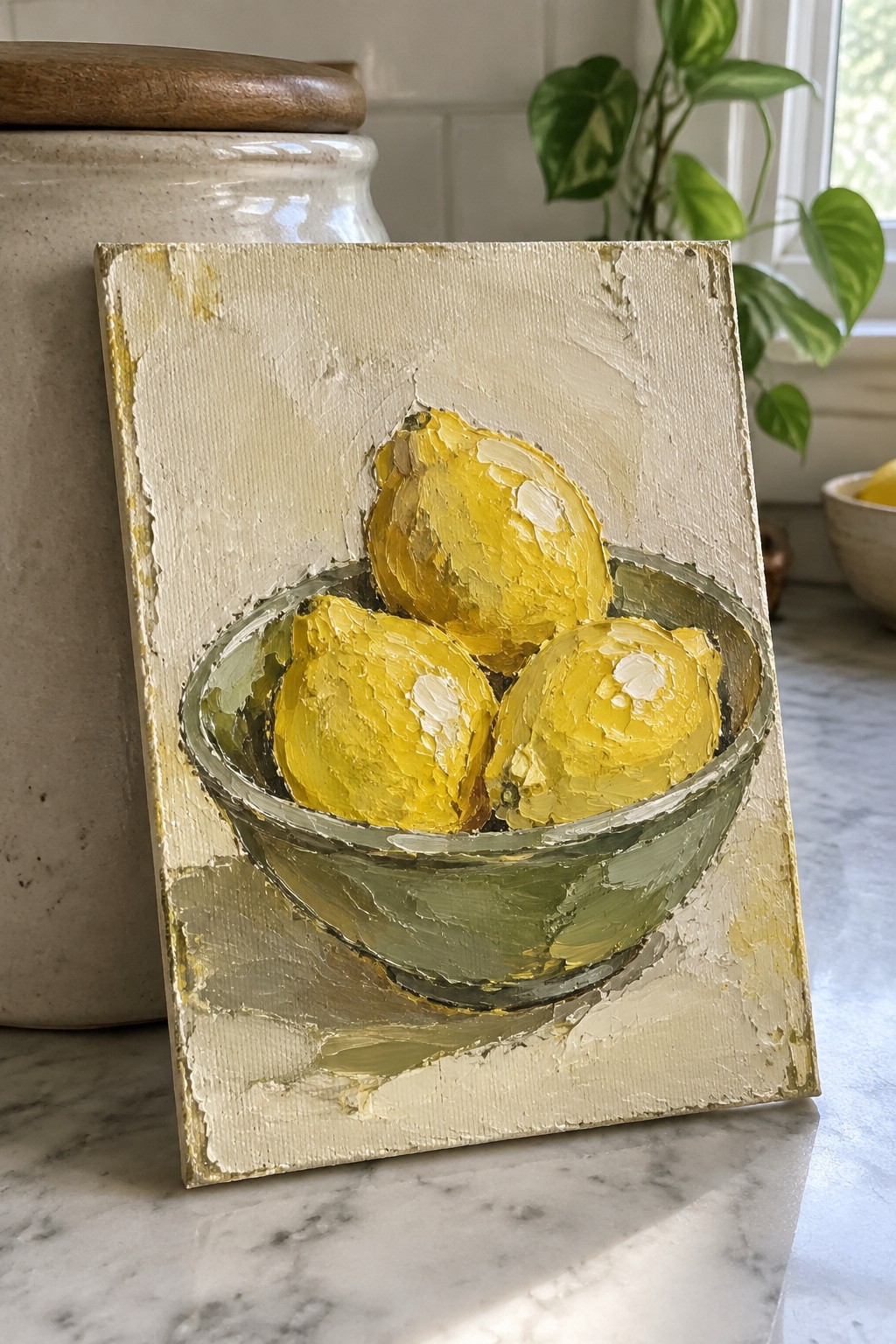 Textured still life painting of three lemons in a glass bowl on marble countertop