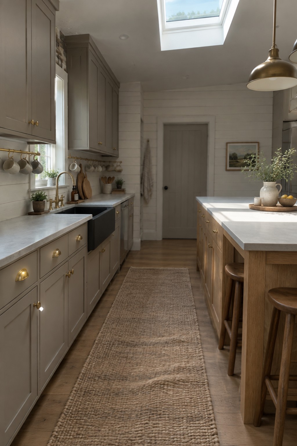 Modern kitchen with gray cabinets, black sink, wooden island, stools, and woven rug.