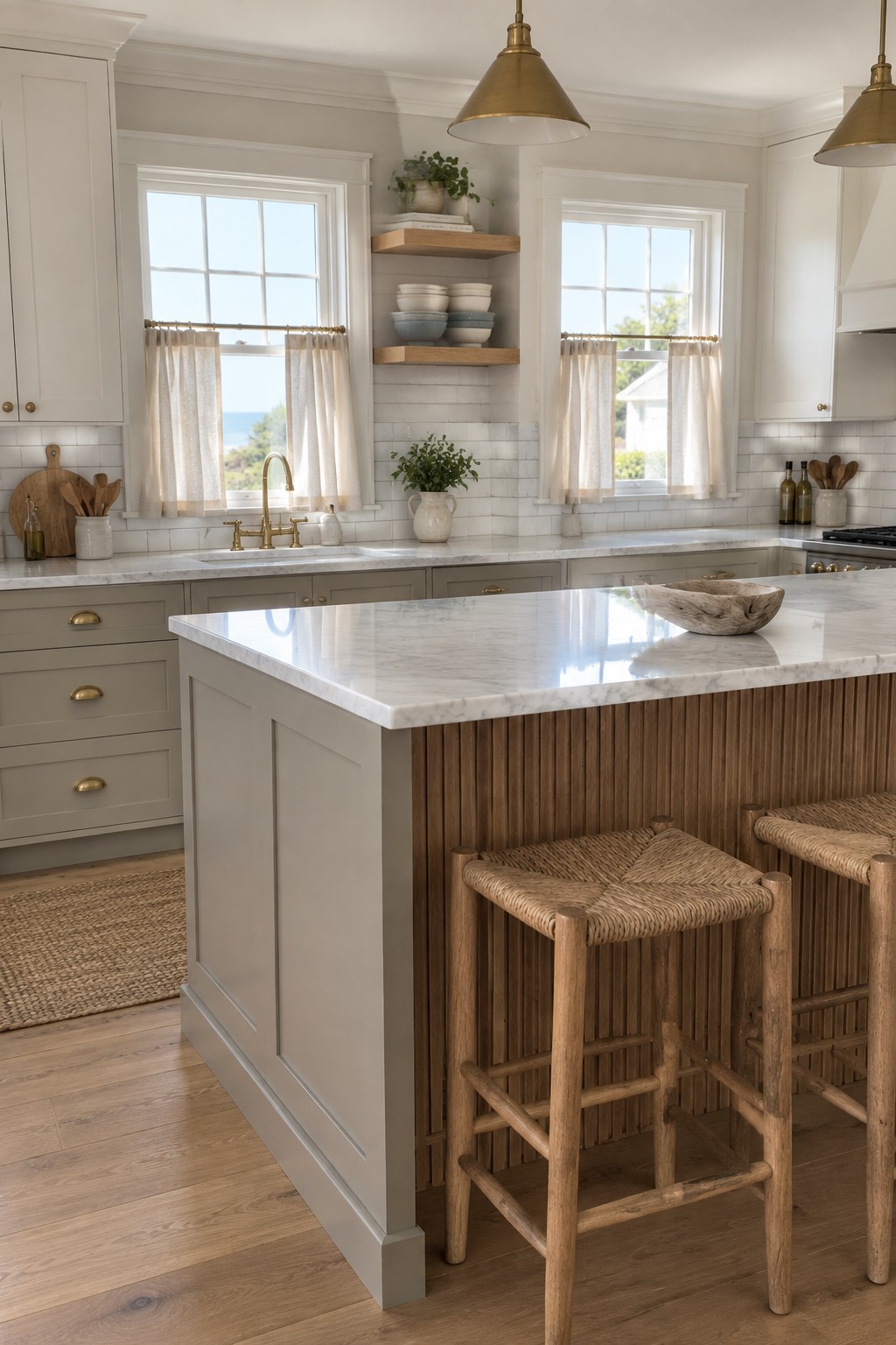 A modern farmhouse kitchen with a greige painted island and natural wood stools.