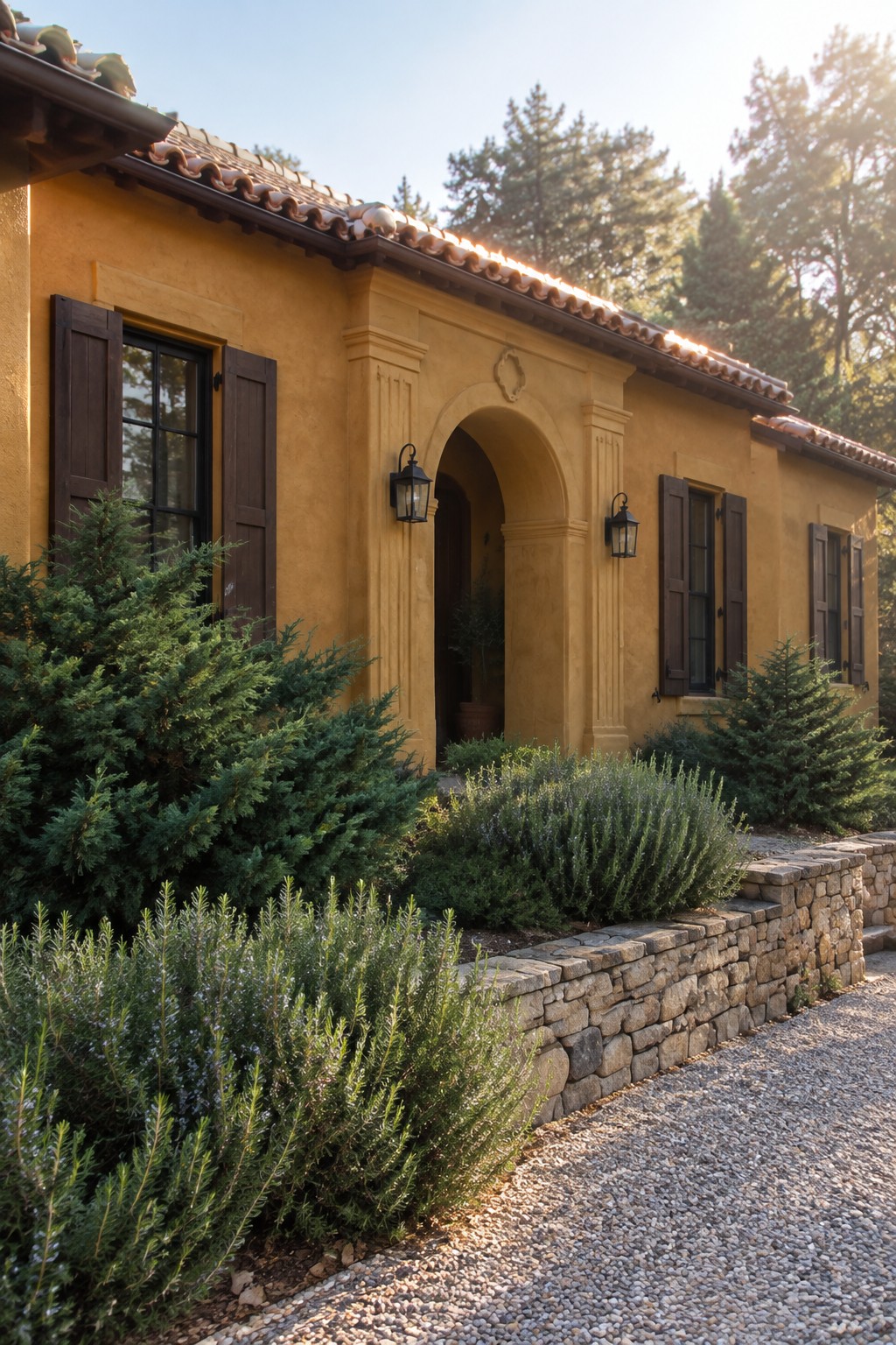 Yellow stucco house with arched doorway, wooden shutters, lanterns, and green shrubs.