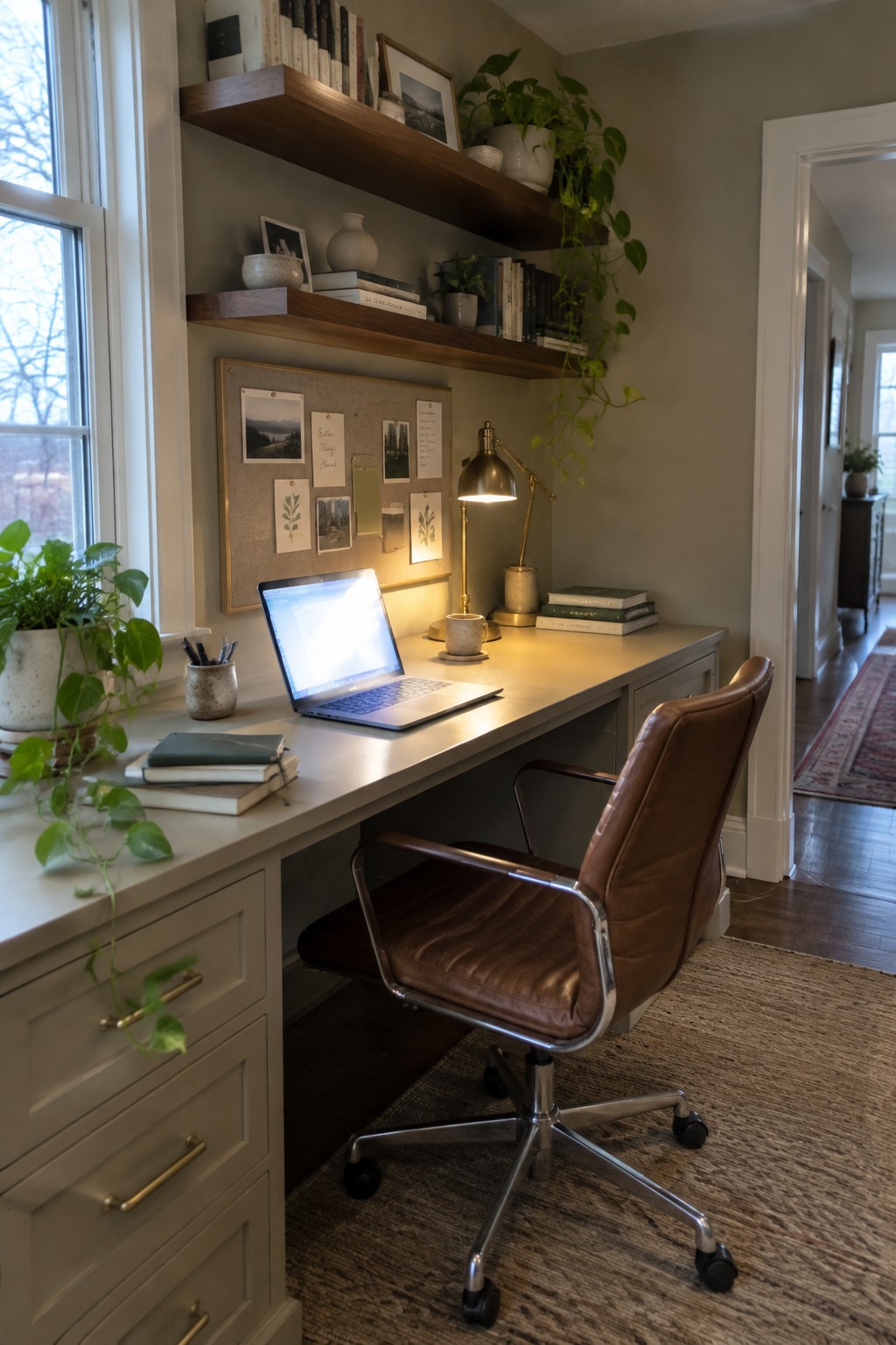 A home office with warm greige walls, wood floating shelves, and a leather desk chair.