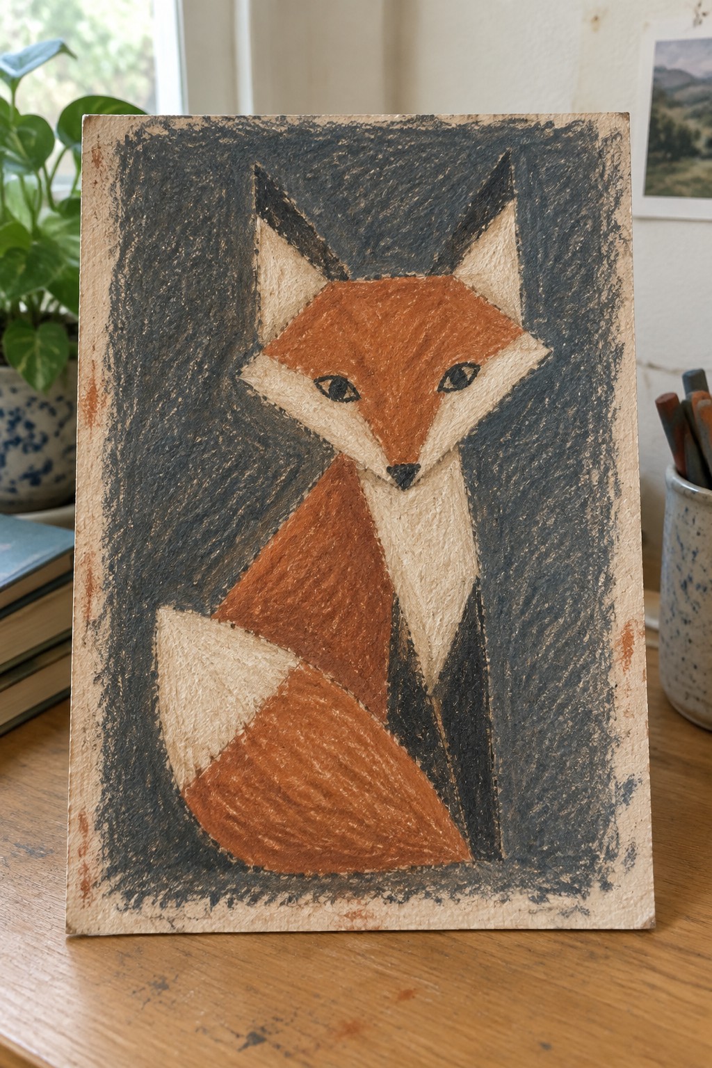 Geometric fox painting in orange, brown and cream on dark textured background