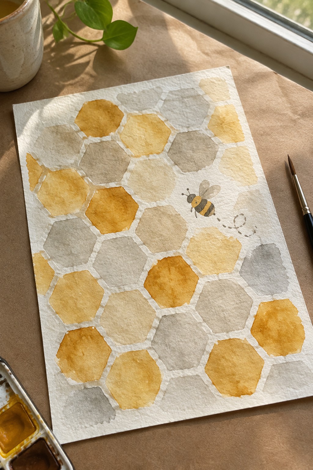 Watercolor honeycomb in yellows and grays with bee on white paper amid supplies