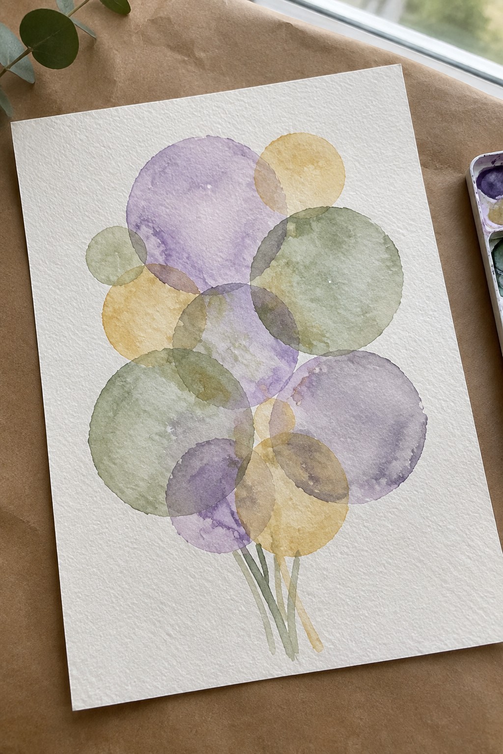 Watercolor painting of overlapping translucent circles in purple, green, yellow, and brown with stems.