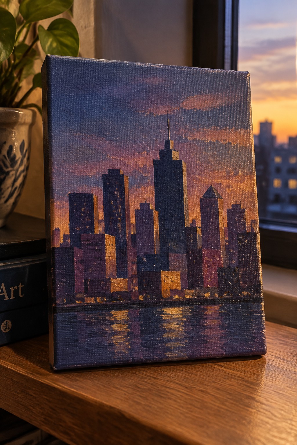 Canvas painting of skyscrapers at sunset reflecting in water on wooden table