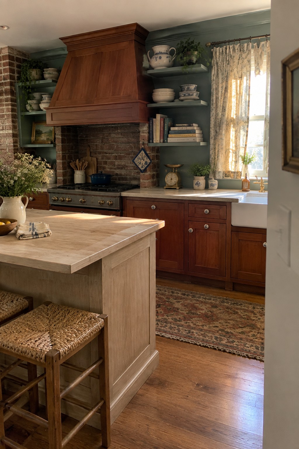 A kitchen with blue green walls and cherry wood cabinets.